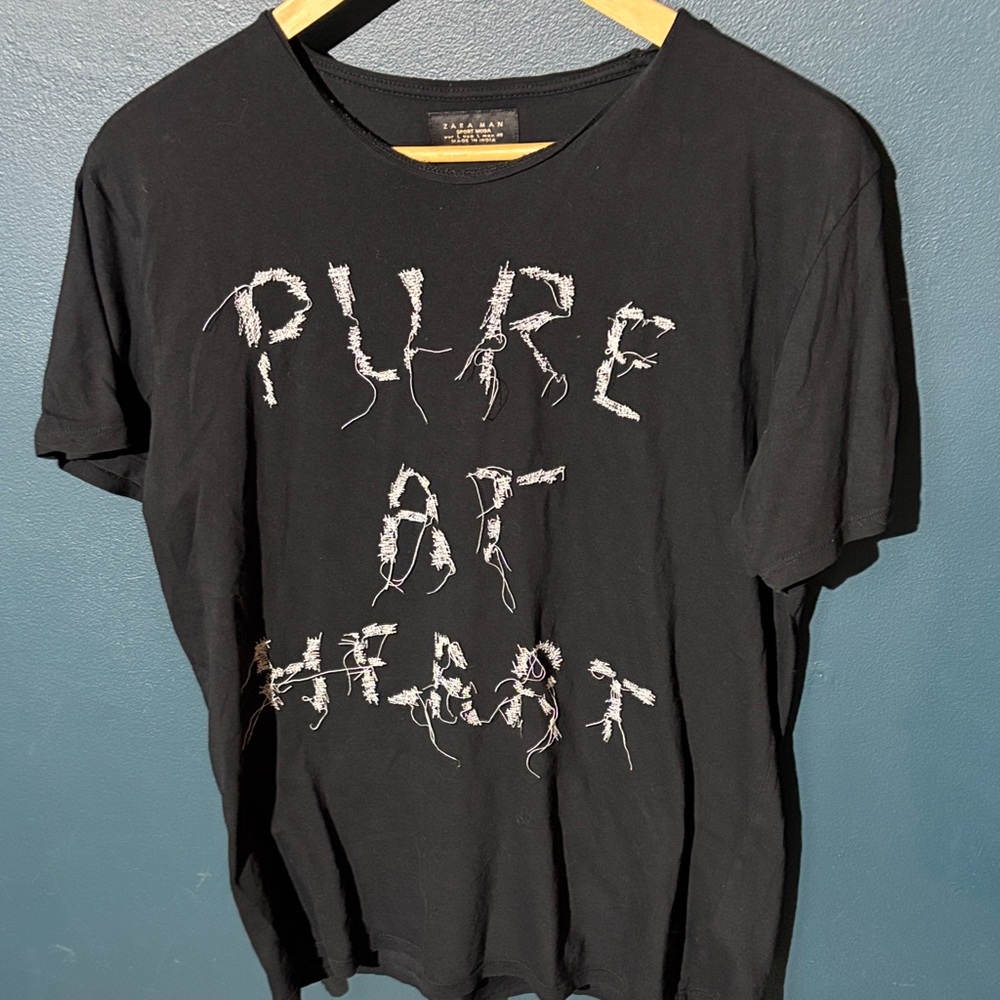 Zara Black Short Sleeve Tee with Unique Text Design